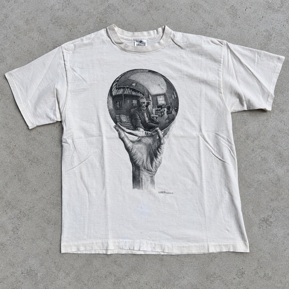 Vintage 90s Andazia MC Escher Shirt XL White Hand Reflecting Sphere Art Tee USA